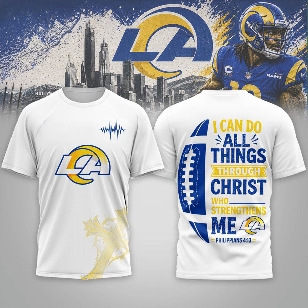 Los Angeles Rams Christ Strengthens Me T-Shirt LA Rams Merch Football Gift For Jesus Lover - Merchluma