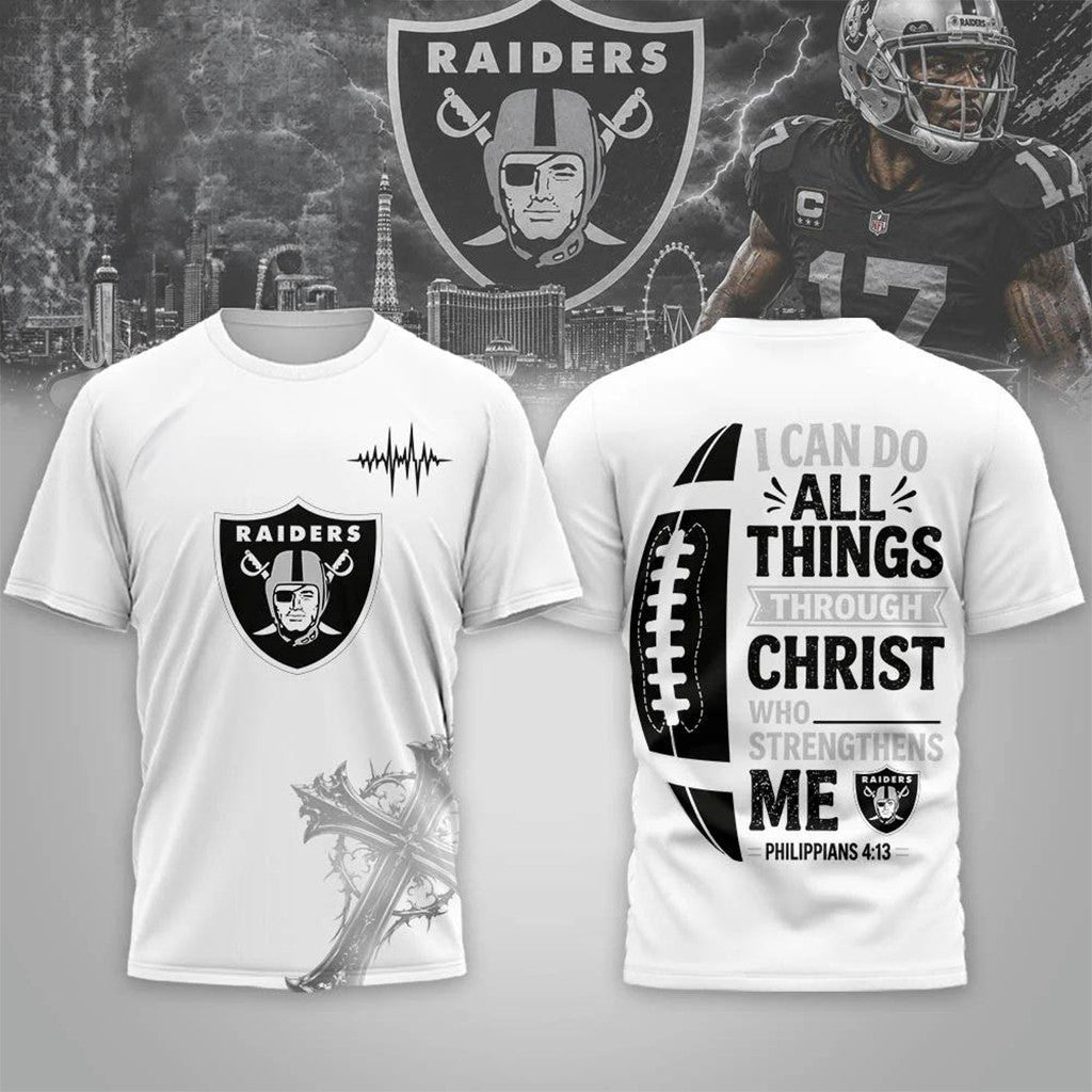 LV Raiders Christ Strengthens Me T-Shirt Raiders Merch Religious Gifts For Football Fans - Merchluma