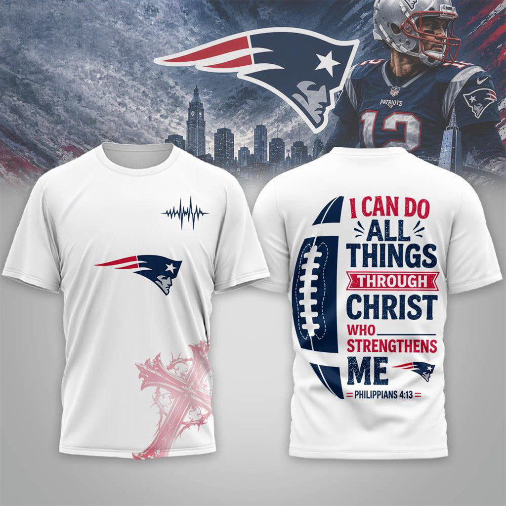 New England Patriots Christ Strengthens Me T-Shirt NE Patriots Merch Present For Football Fans - Merchluma