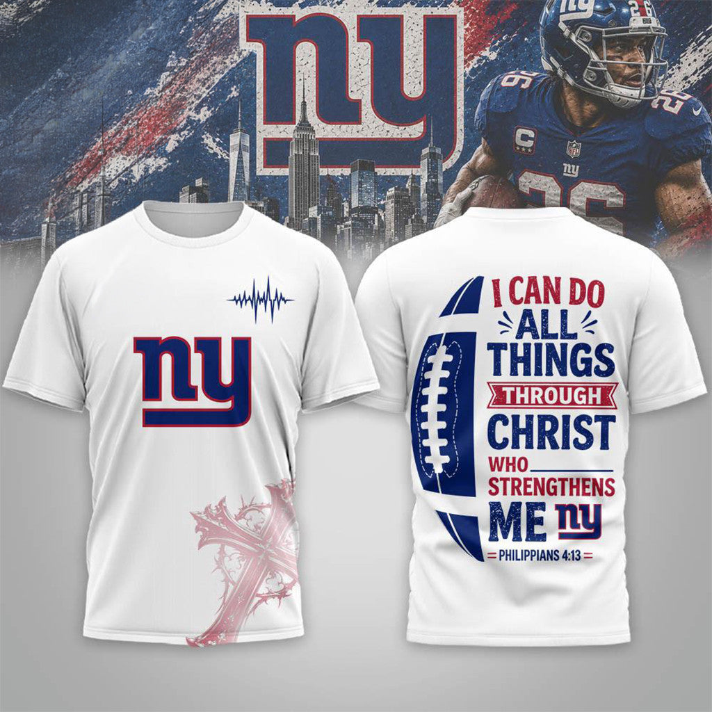 New York Giants Christ Strengthens Me T-Shirt NY Giants Merch Religious Gift For Football Fans - Merchluma