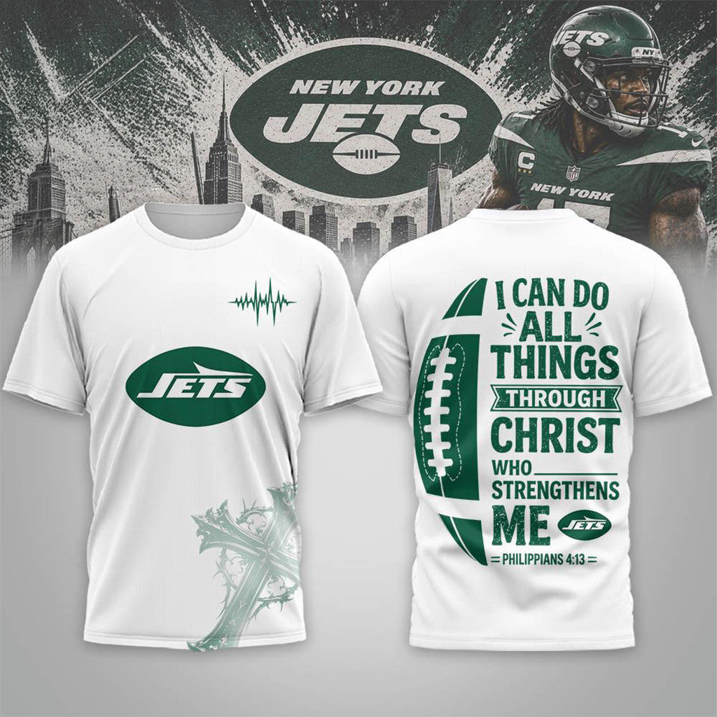 New York Jets Christ Strengthens Me T-Shirt NY Jets Merch Gifts For Football Lovers - Merchluma