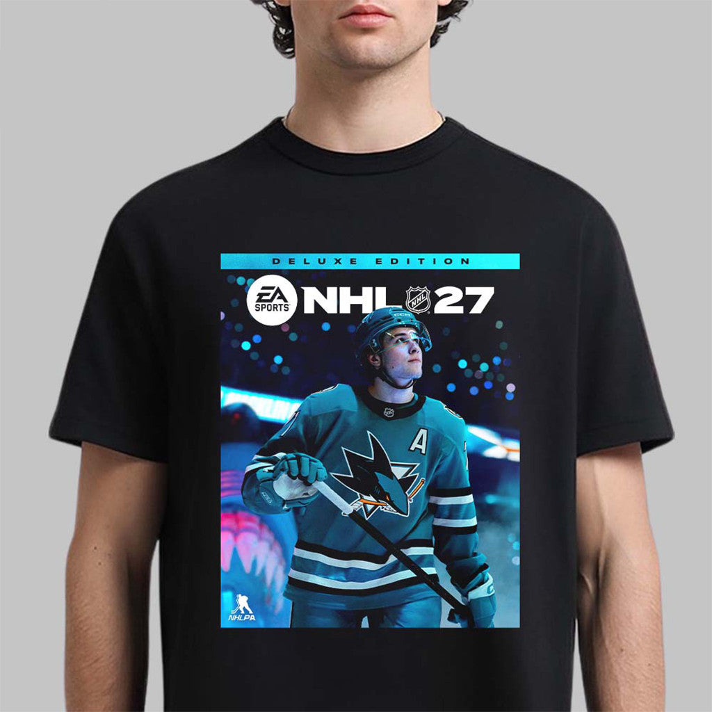 EA Sports #27 Macklin Celebrini San Jose Sharks Cover T-Shirt Black SJ Sharks Merch Fan Gifts - Merchluma