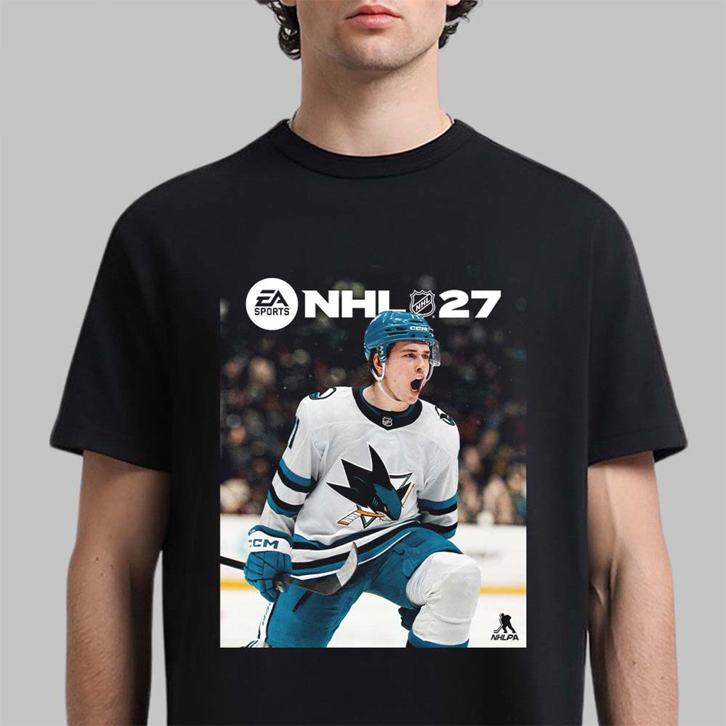 EA Sports 27 Macklin Celebrini San Jose Sharks Cover Athlete Shirt Black SJ Sharks Merch - Merchluma