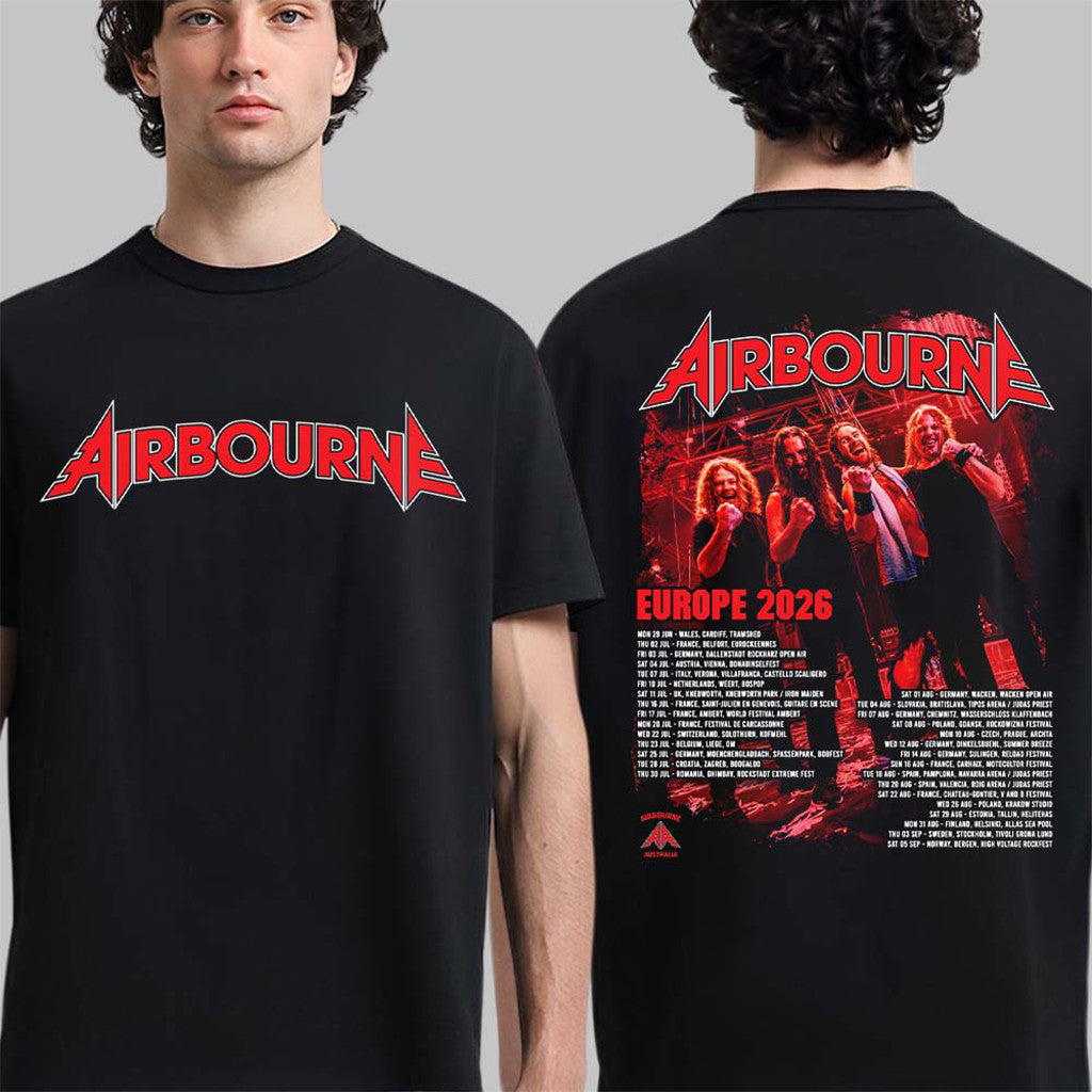 Airbourne Get Gutsy Europe 2026 Tour Schedule Dates T-Shirt Black Airbourne Merch Fan Gifts - Merchluma