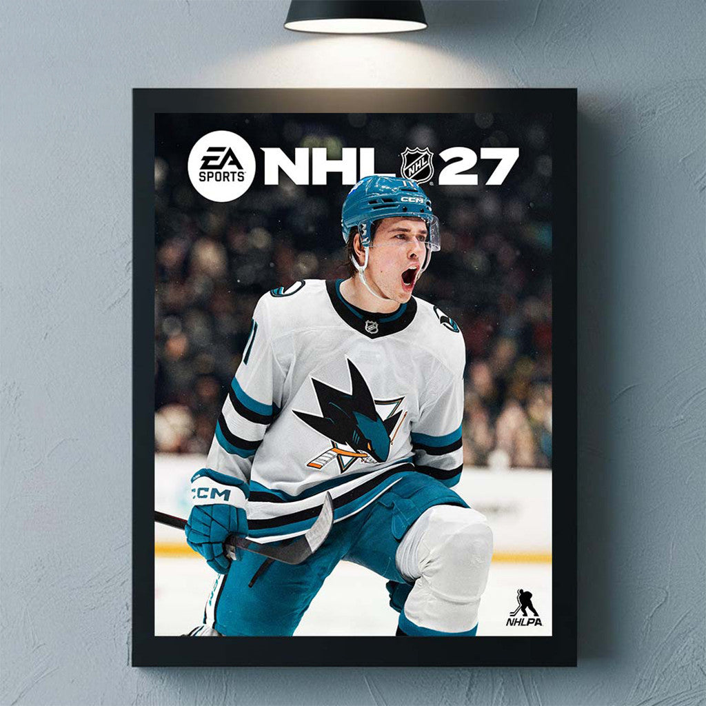 EA Sports 27 Macklin Celebrini San Jose Sharks Cover Athlete Poster SJ Sharks Merch Home Decor - Merchluma