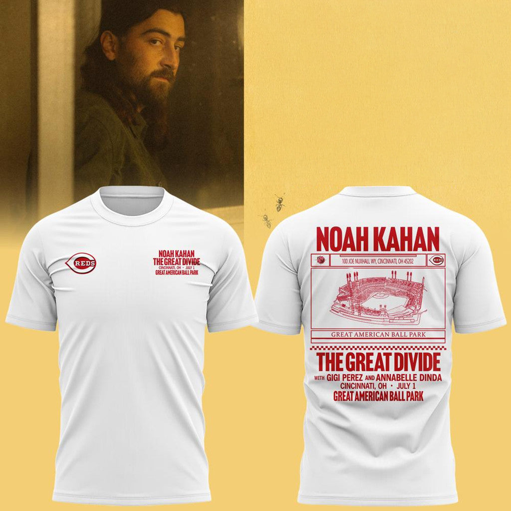 Noah Kahan X Cincinnati Reds The Great Divide Tour 2026 T-Shirt White Noah Kahan Merch Gift - Merchluma