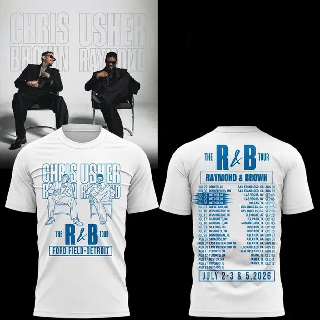 The R&B Tour X Detroit Lions Usher Raymond And Chris Brown T-Shirt White Detroit Lions Merch - Merchluma