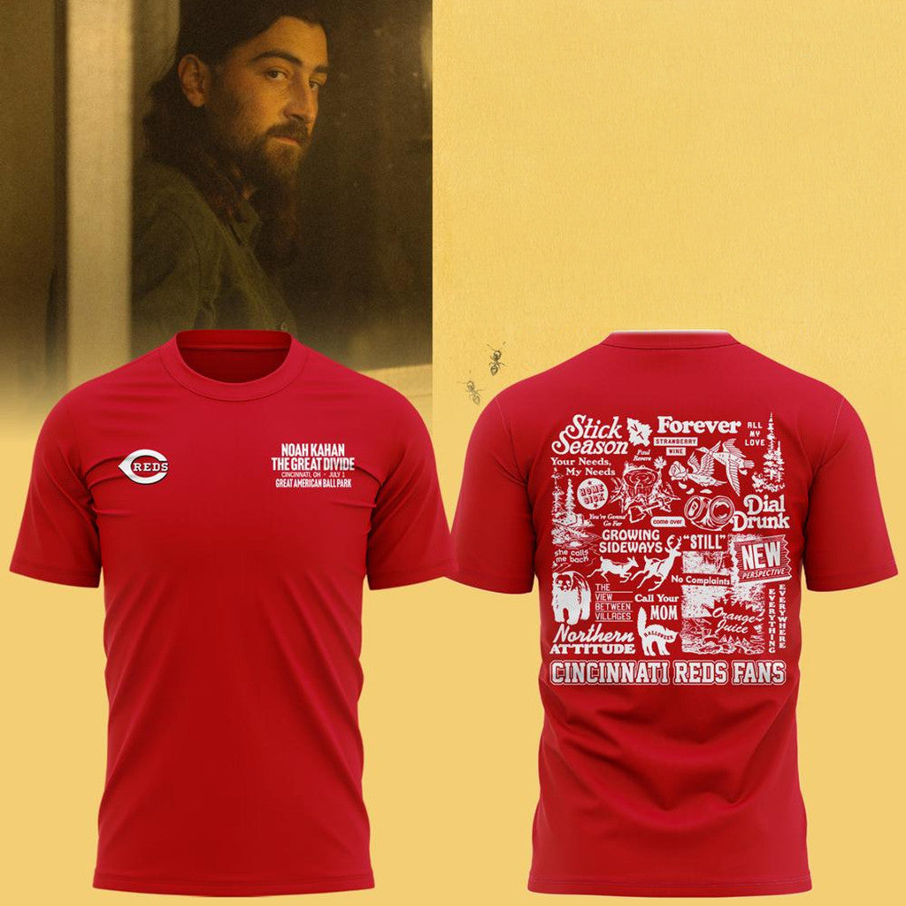 Noah Kahan X Cincinnati Reds The Great Divide Tour 2026 T-Shirt Red Noah Kahan Merchandise - Merchluma