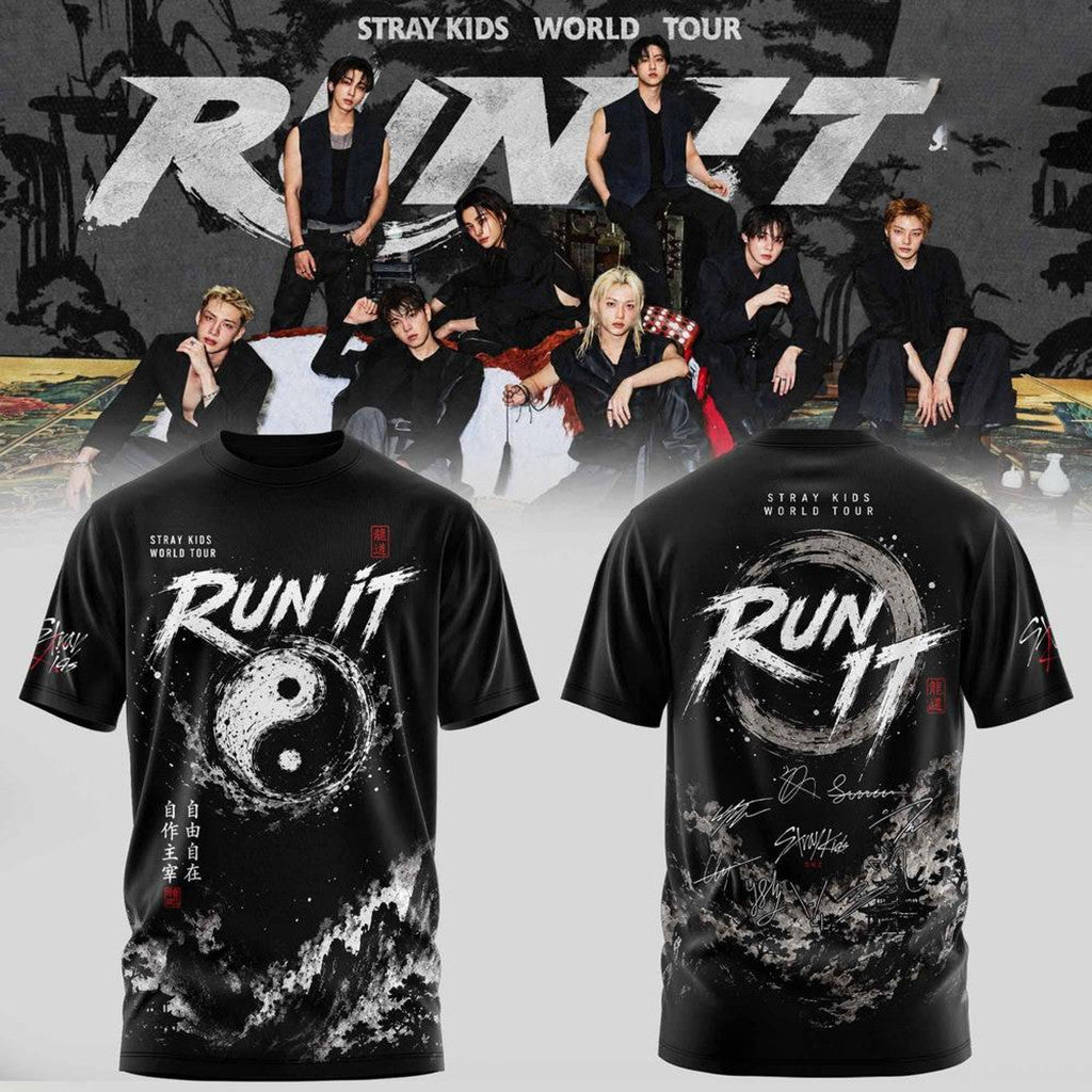 Stray Kids 2026 World Tour Run It Shirt With Signatures Yin Yang T-Shirt Stray Kids Merch - Merchluma
