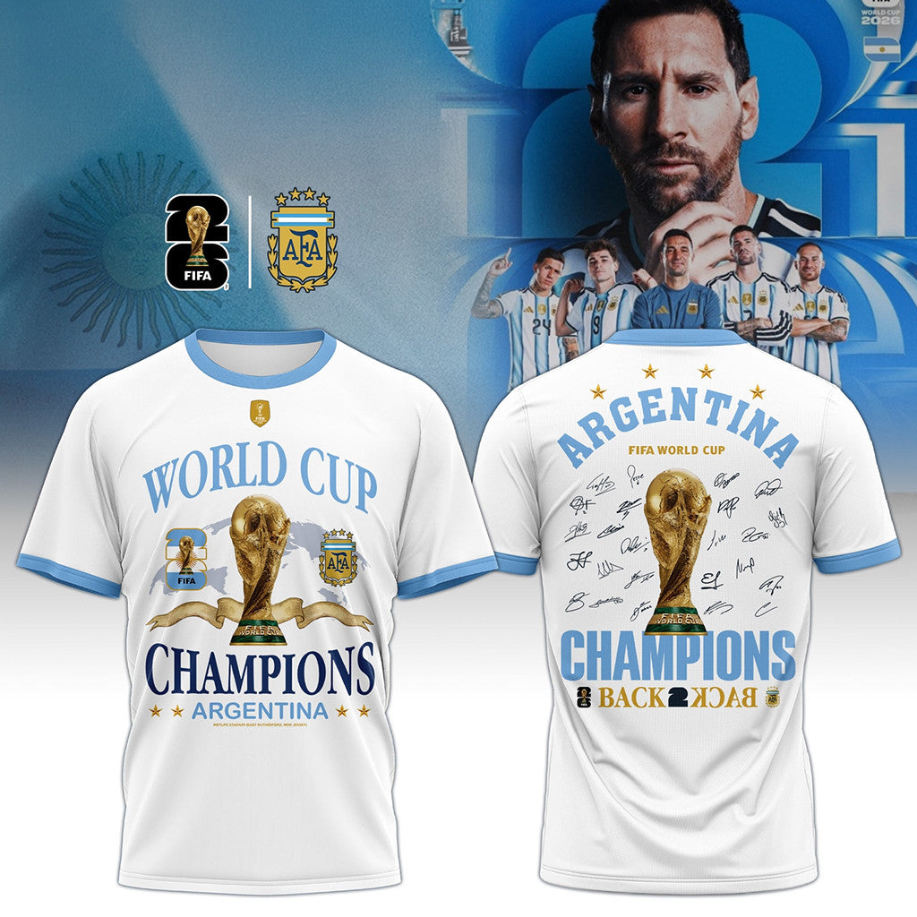 Argentina FIFA World Cup Champions 2026 Back To Back Signature Shirt #10 Messi Merch Fan Gifts - Merchluma