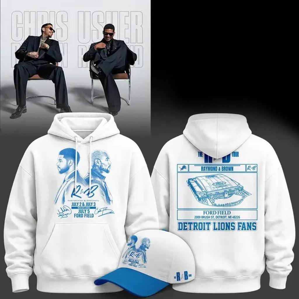 The R&B Tour X Detroit Lions Usher Raymond And Chris Brown Hoodie White Lions Merch Fan Gear - Merchluma