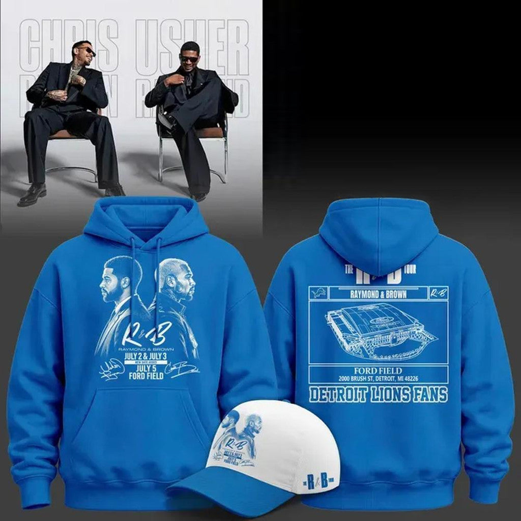 The R&B Tour X Detroit Lions Usher Raymond And Chris Brown Hoodie Blue Detroit Lions Merch - Merchluma