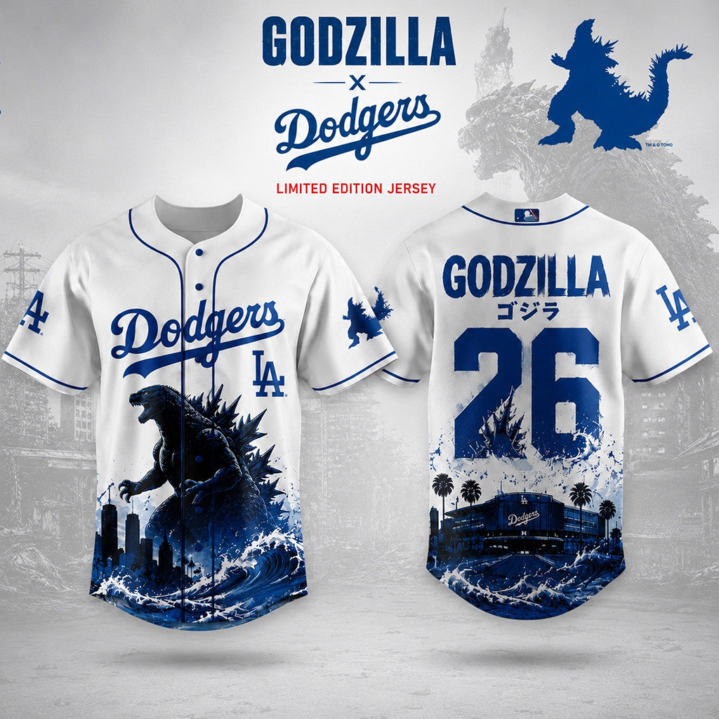 Los Angeles Dodgers X Godzilla Minus One Baseball Jersey 2026 Dodgers Merch Baseball Fan Gifts - Merchluma