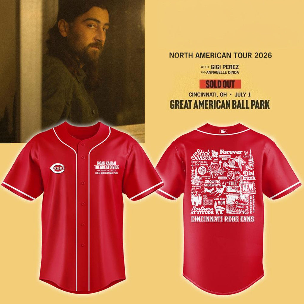 Noah Kahan x Cincinnati Reds The Great Divide Tour 2026 Baseball Jersey Reds Merch Fan Gear - Merchluma
