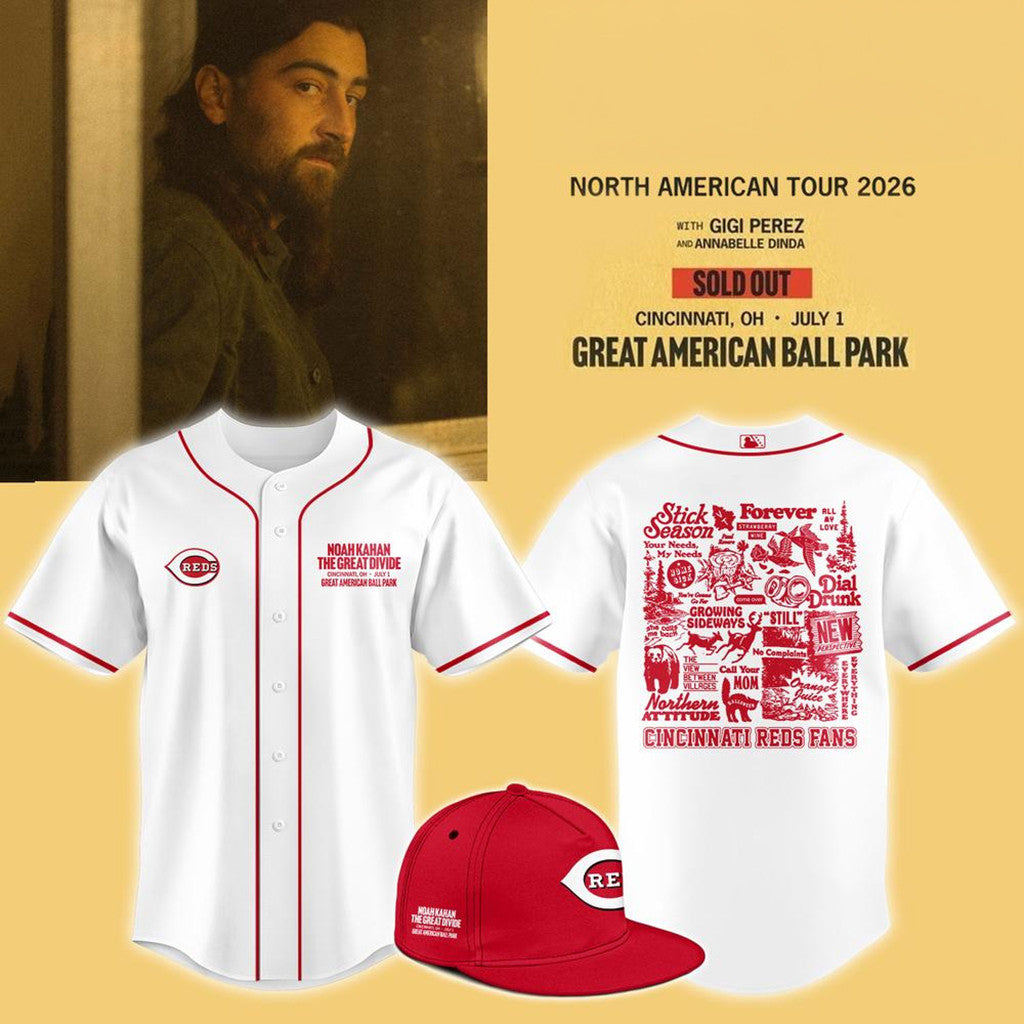 Noah Kahan x Cincinnati Reds The Great Divide Tour 2026 Baseball Jersey Reds Merchandise White - Merchluma