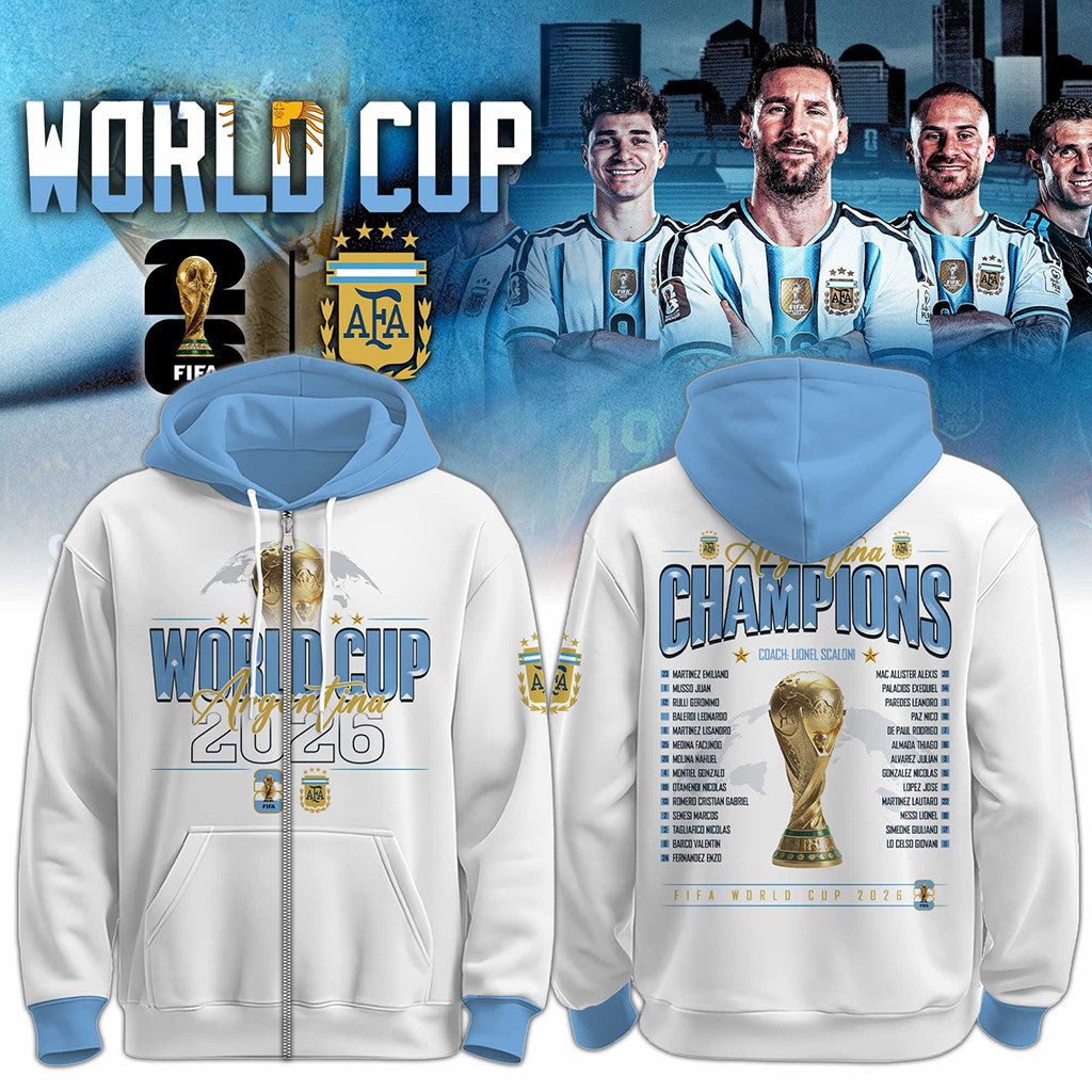 Argentina World Cup Champions 2026 Roster Zip Hoodie FIFA WC Champions Messi Merch Fan Gifts - Merchluma