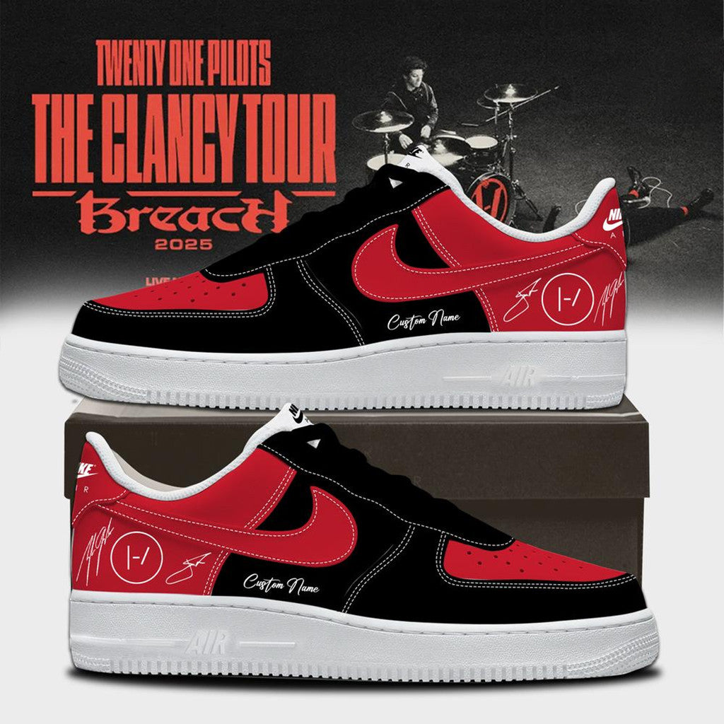 Personalized Twenty One Pilots Merch The Clancy Tour Breach Sneakers Black Red Gifts For Fans - Merchluma