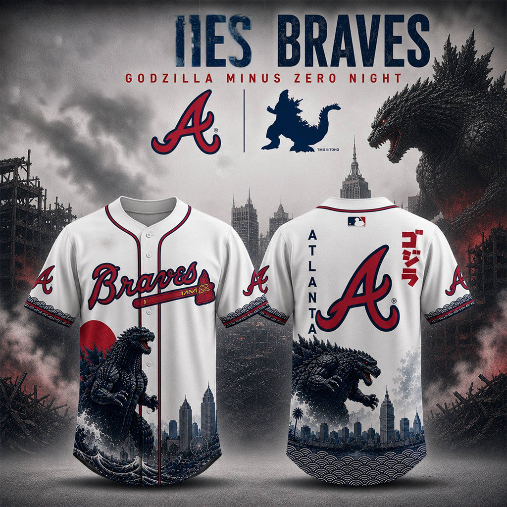 Atlanta Braves X Godzilla Minus One Baseball Jersey Atlanta Braves Merch Unique Gift Ideas - Merchluma