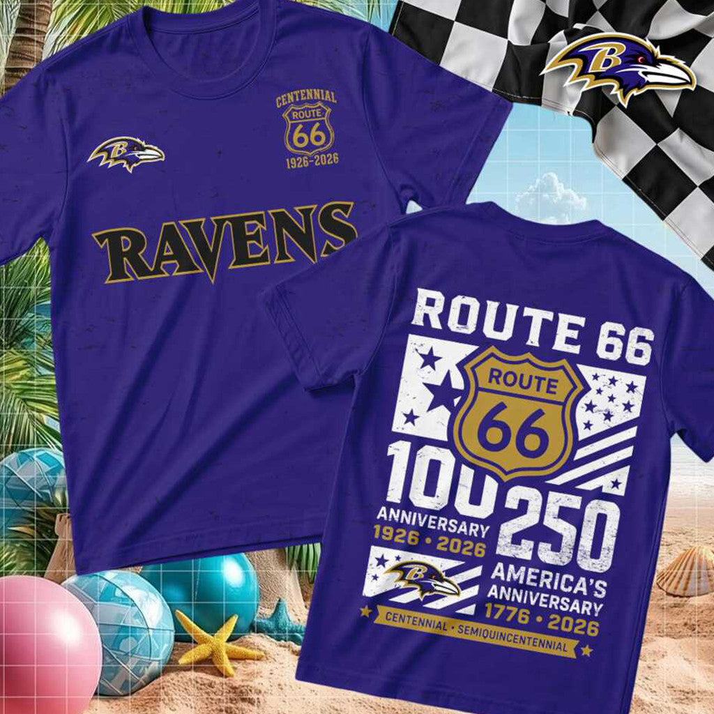Baltimore Ravens Football Route 66 Centennial Anniversary T-Shirt Baltimore Ravens Merch Gifts - Merchluma
