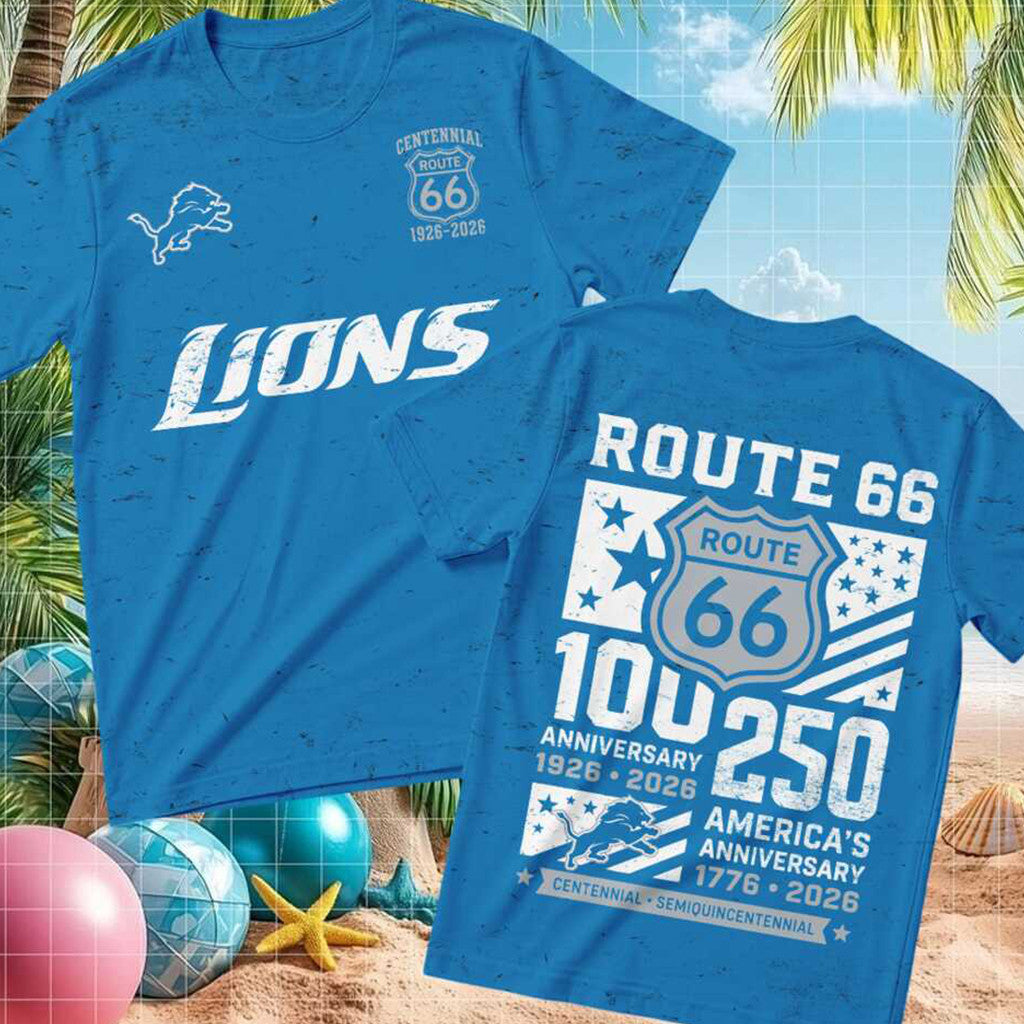 Detroit Lions Football Route 66 Centennial Anniversary T-Shirt Detroit Lions Merch Gift Ideas - Merchluma