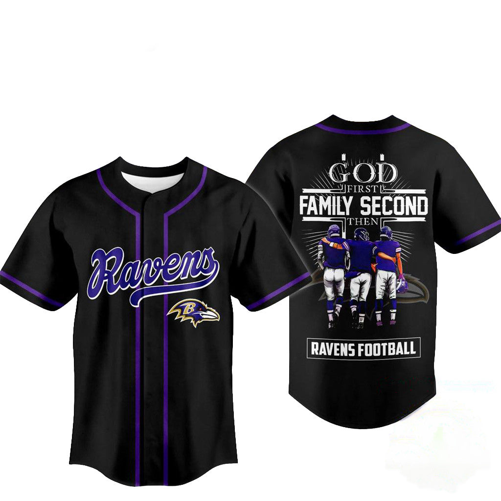 Baltimore Ravens Merch God First Family Second Faith And Brotherhood Baseball Jersey Gift Ideas - Merchluma
