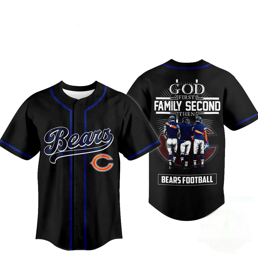 Chicago Bears Merch God First Family Second Faith And Brotherhood Baseball Jersey Gifts For Fans - Merchluma