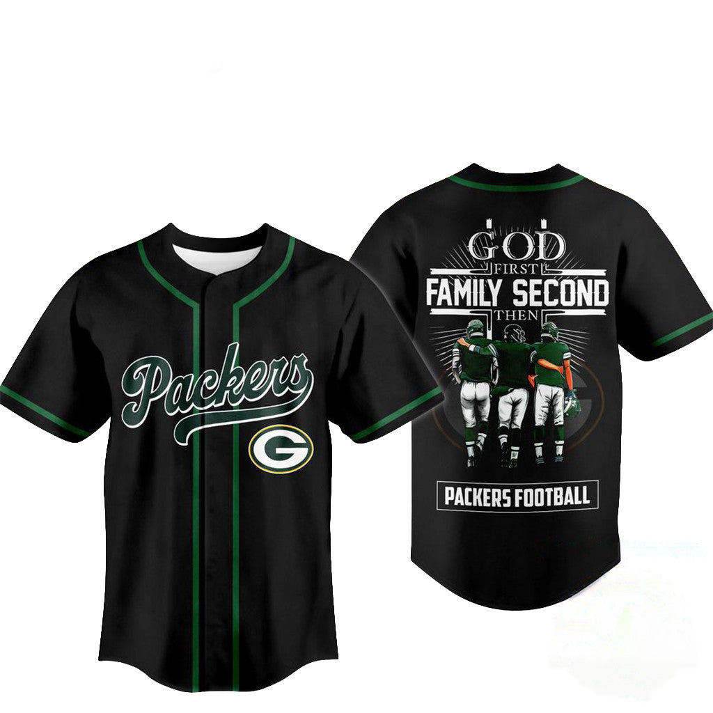 Green Bay Packers Merch God First Family Second Faith And Brotherhood Baseball Jersey Present - Merchluma
