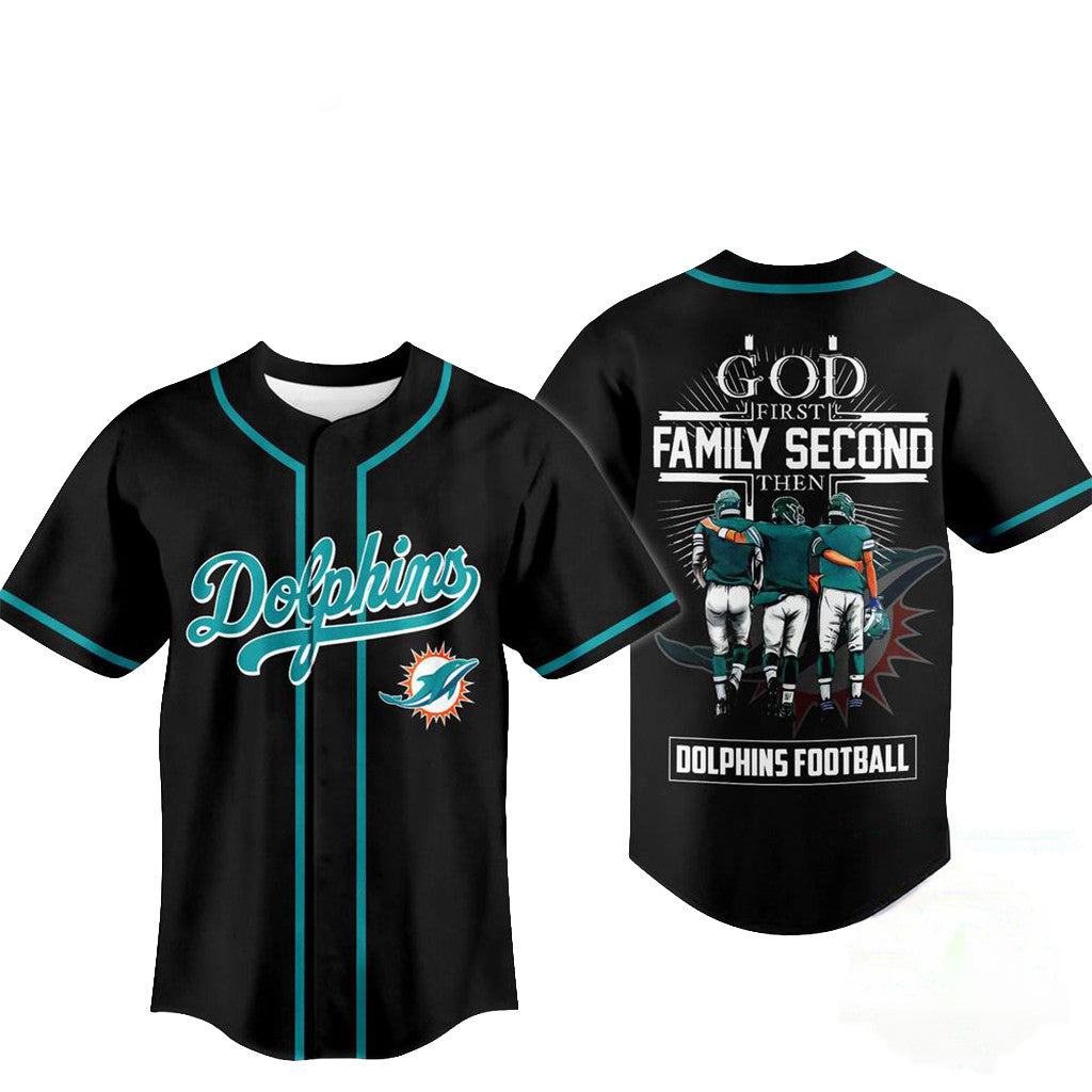 Miami Dolphins Merch God First Family Second Faith And Brotherhood Baseball Jersey Gift Ideas - Merchluma