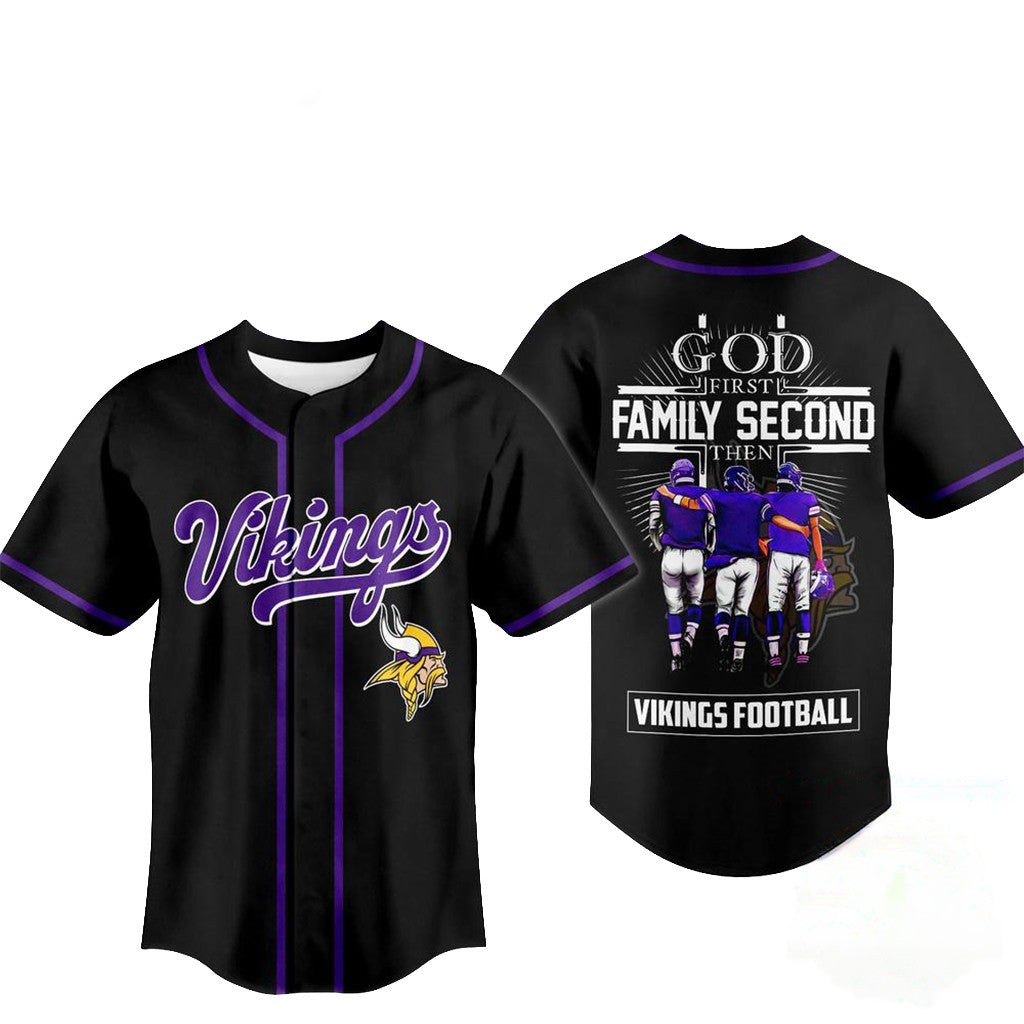 Minnesota Vikings Merch God First Family Second Faith And Brotherhood Baseball Jersey Best Gifts - Merchluma