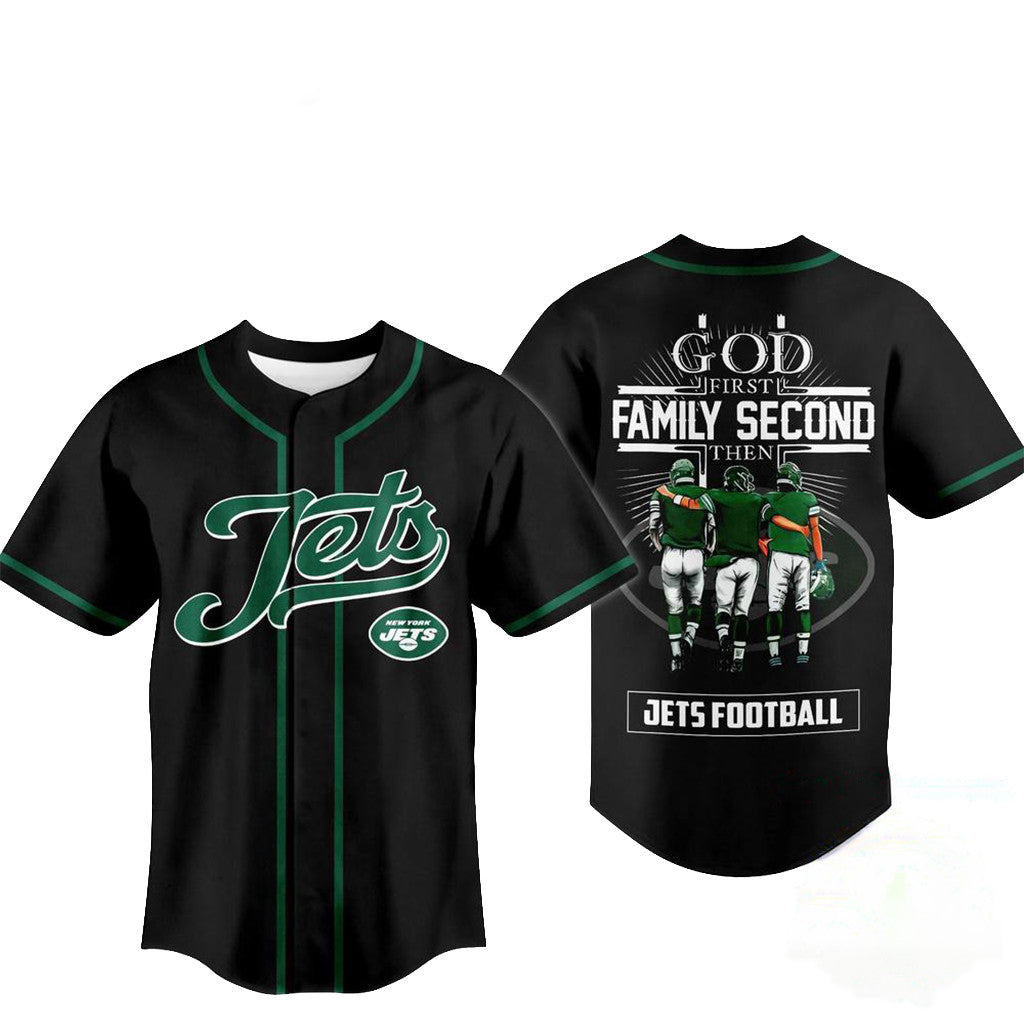 New York Jets God First Family Second Faith & Brotherhood Baseball Jersey New York Jets Merch - Merchluma