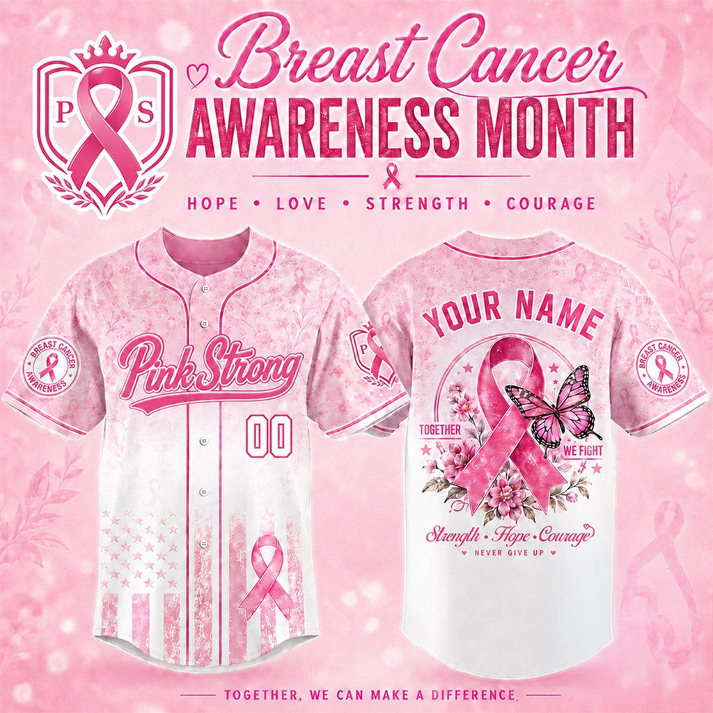 Personalized Breast Cancer Awareness Pink Strong Together We Stand Baseball Jersey Gift Ideas - Merchluma
