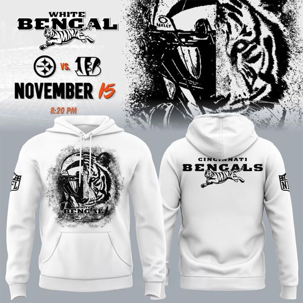 Cincinnati Bengals White Bengal Football Hoodie Cincinnati Bengals Merch Gifts - Merchluma