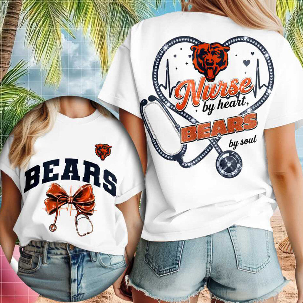 Chicago Bears Bear Nurse Heartbeat Stethoscope T-Shirt Chicago Bears Bear Merch Best Gifts - Merchluma