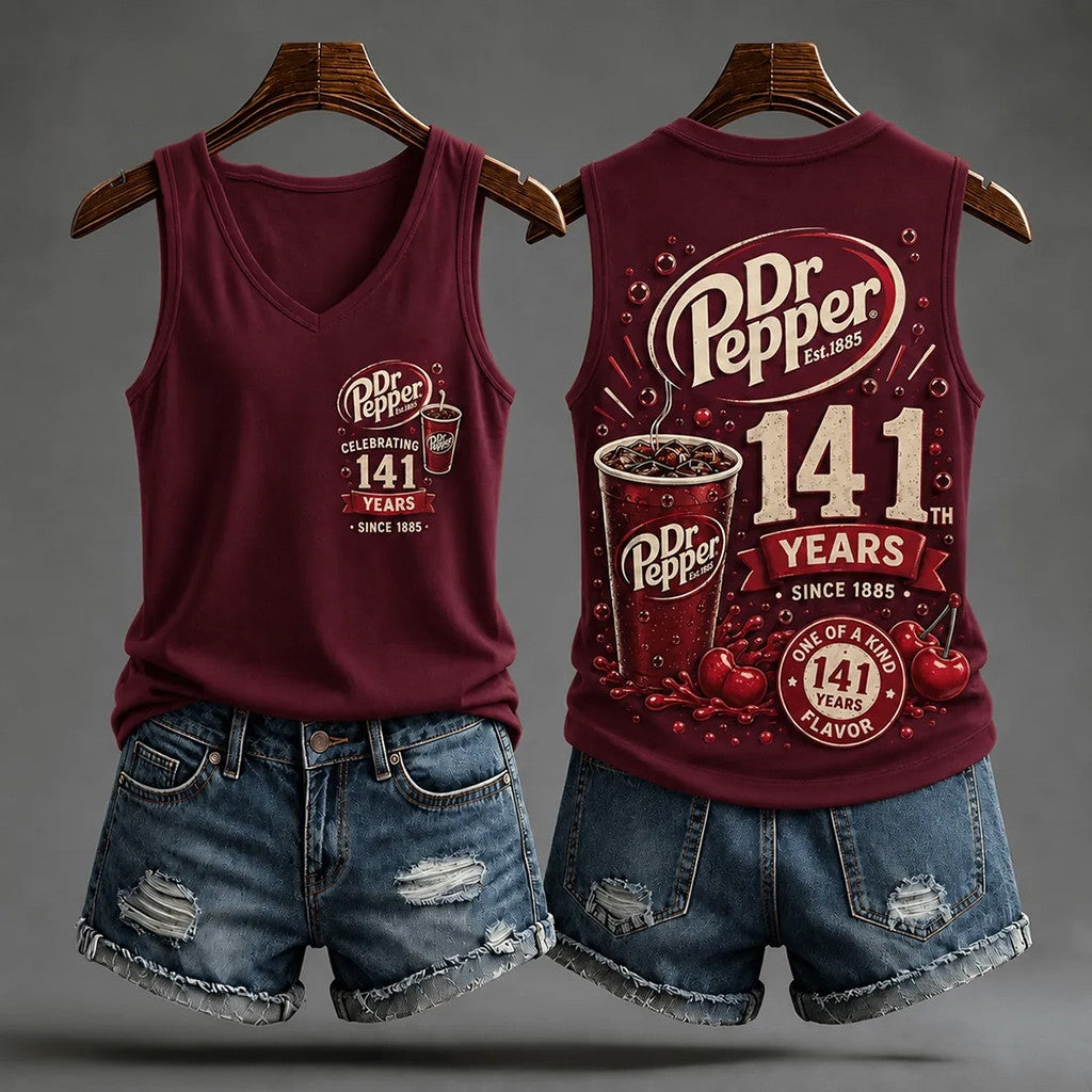 Dr Pepper 141 Years Anniversary Burgundy V-Neck Tank Top Dr Pepper Merch Gift For Besties - Merchluma