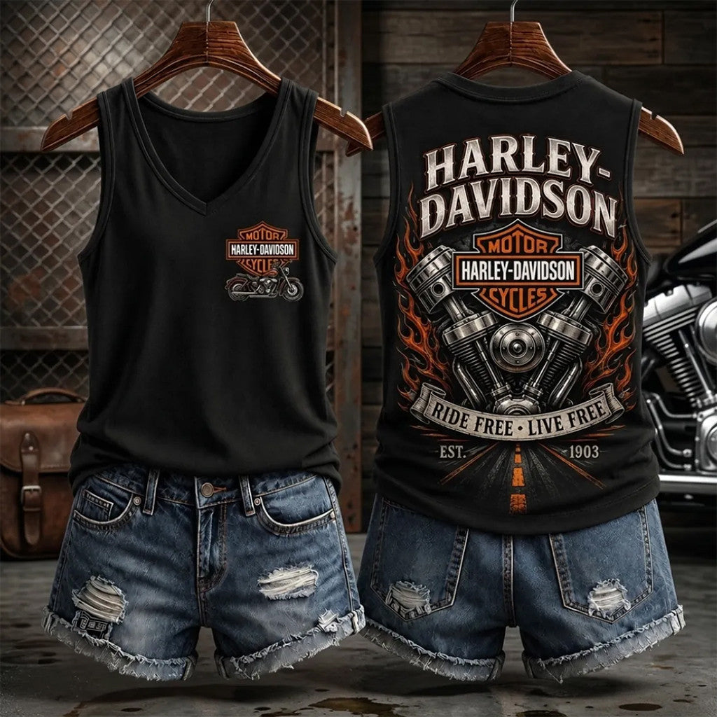 Harley-Davidson Flaming Black V-Neck Tank Top Ride Free Live Free Tank Gift For Racing Fans - Merchluma