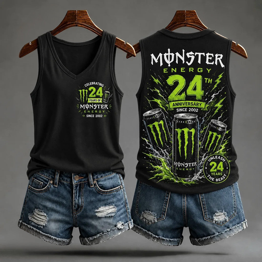 Monster Energy 24th Anniversary Black V-Neck Tank Top Monster Energy Merch Gift For Mom - Merchluma