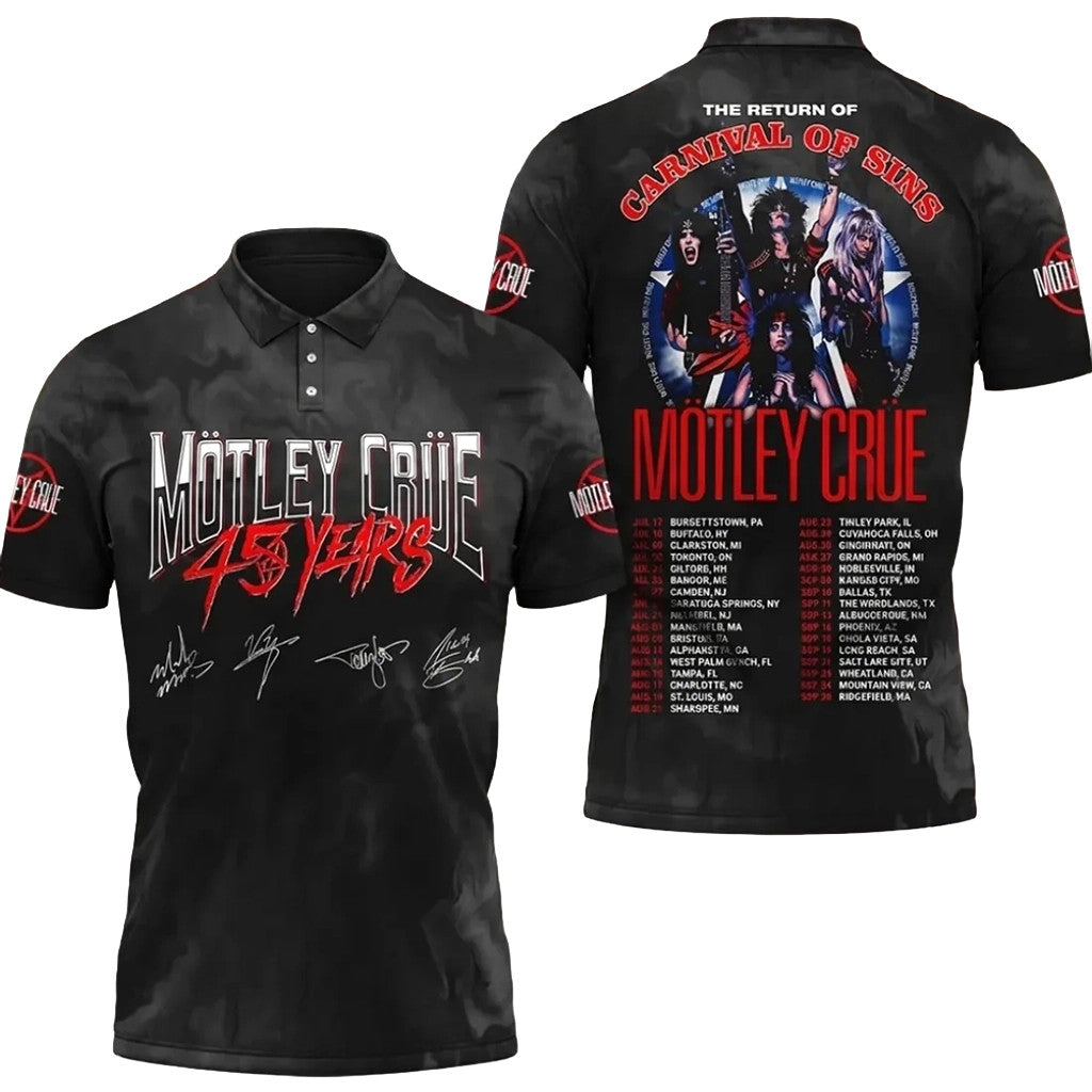 Motley Crue 45 Years Tour 2026 Black Polo Shirt The Return Of Carnival Of Sins Motley Crue Merch - Merchluma