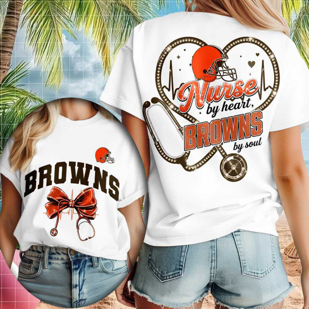 Cleveland Browns Merch Nurse By Heart Browns By Soul T-Shirt Best Gifts For Football Fans - Merchluma