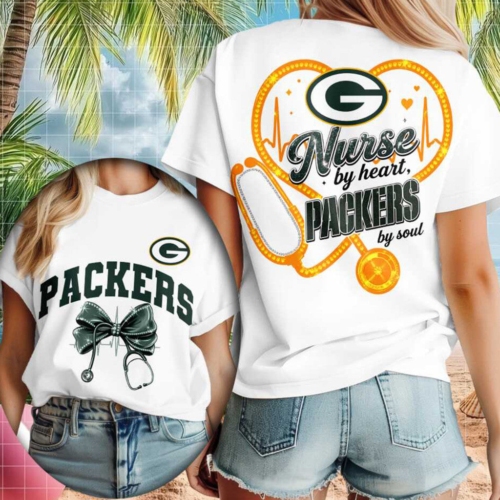 Green Bay Packers Merch Nurse By Heart Packers By Soul T-Shirt Gifts For Football Fan - Merchluma