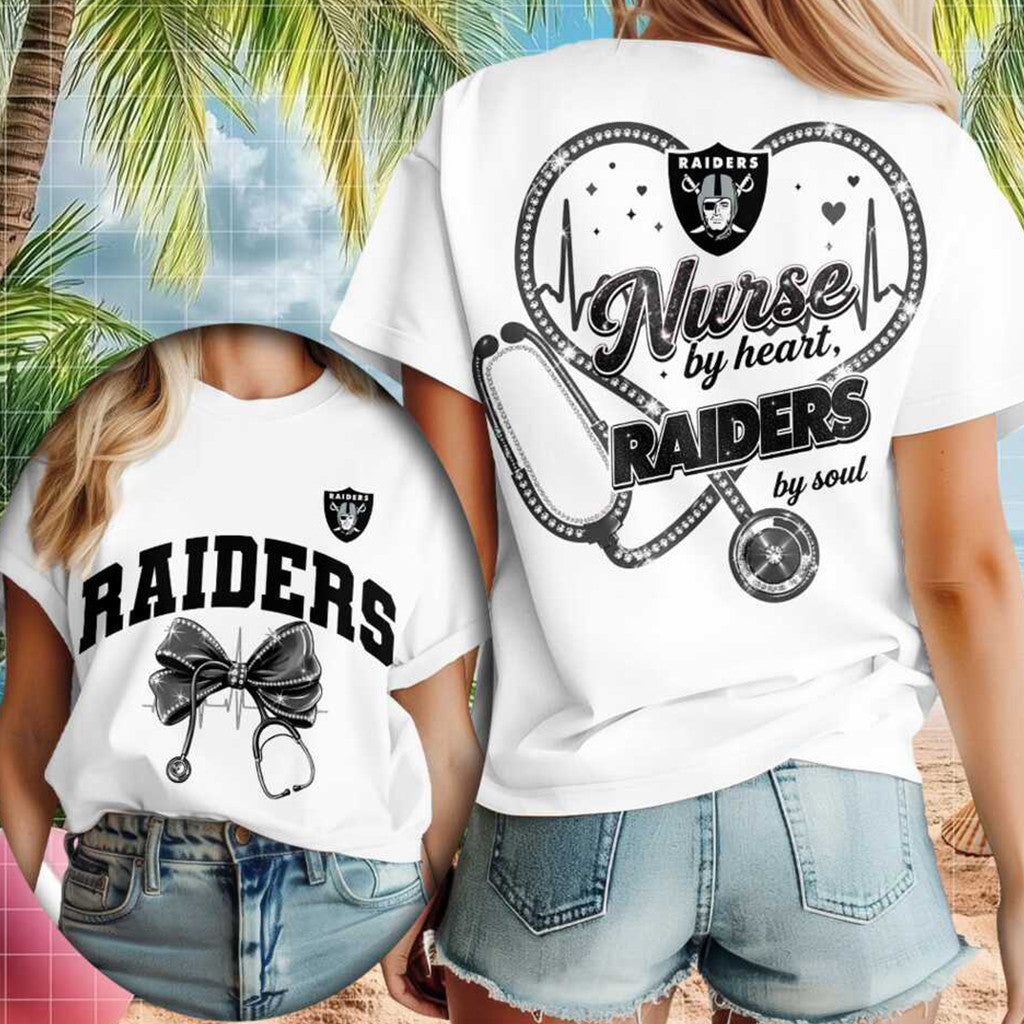 Las Vegas Raiders Merch Nurse By Heart Raiders By Soul T-Shirt Best Gifts For Nurses - Merchluma