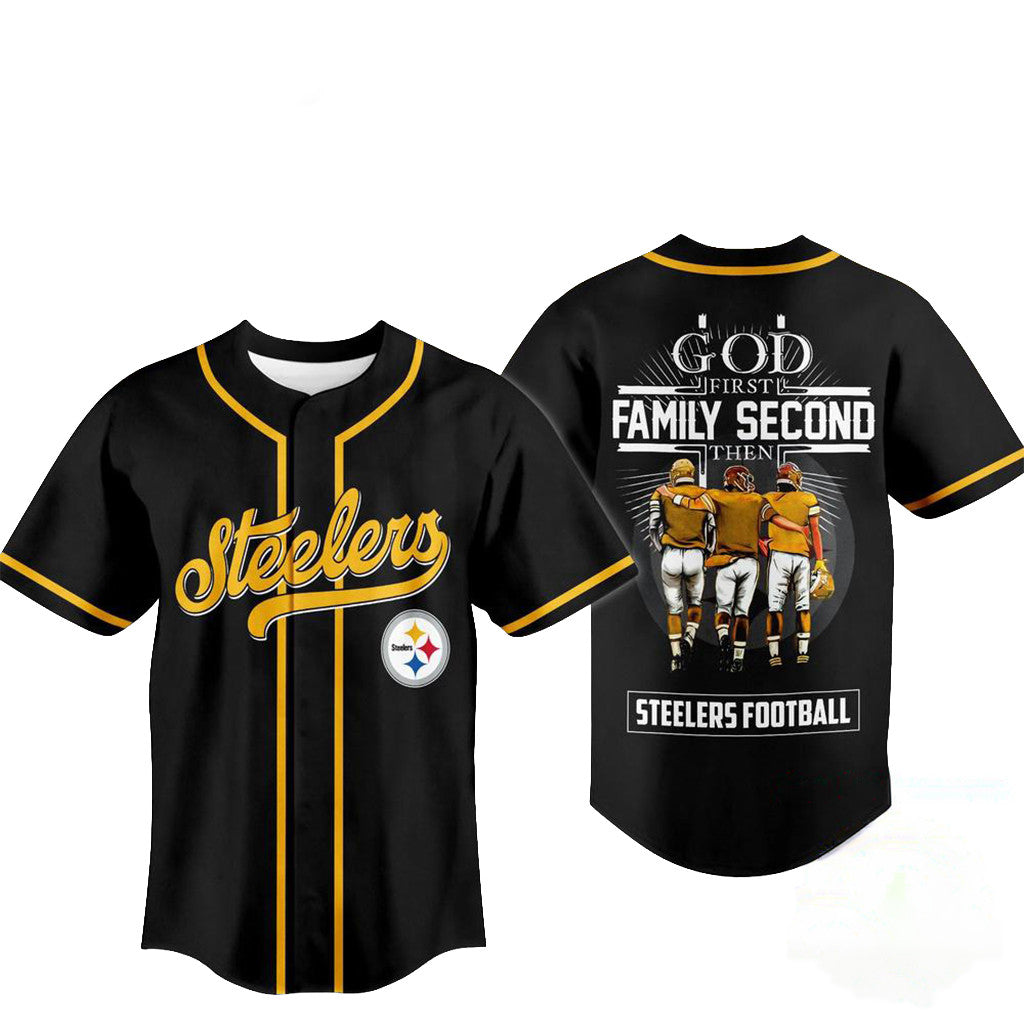 Pittsburgh Steelers God First Family Second Faith And Brotherhood Baseball Jersey Steelers Merch - Merchluma
