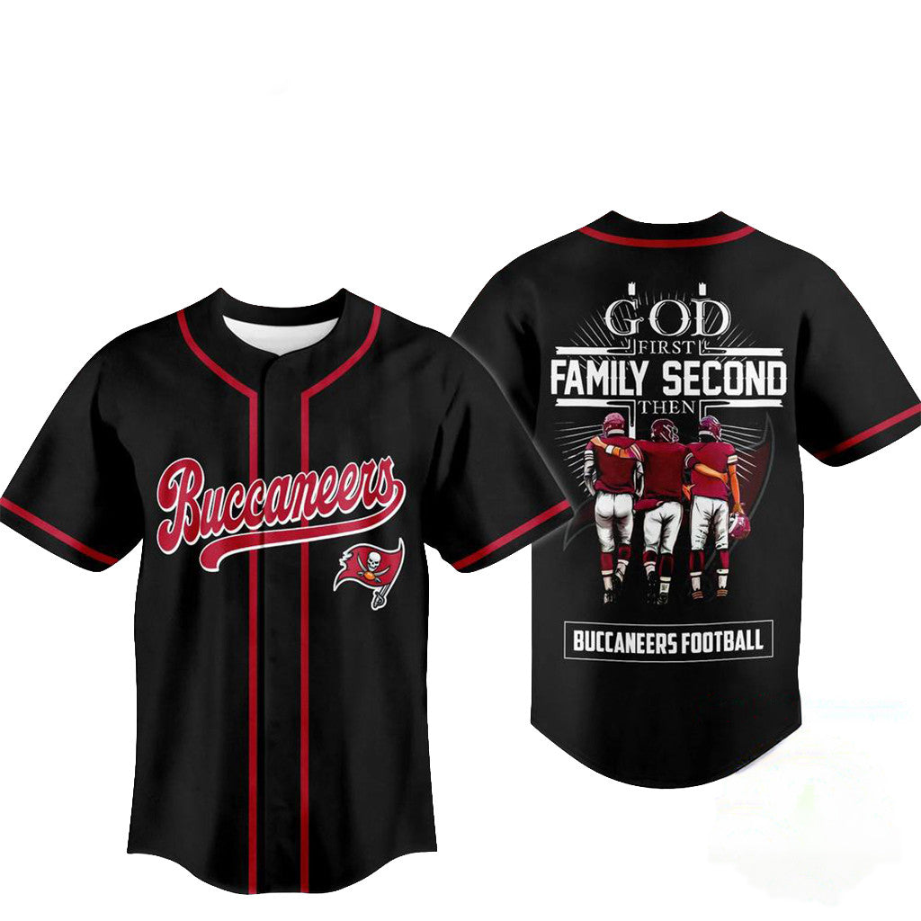 Tampa Bay Buccaneers Merch God First Family Second Faith And Brotherhood Baseball Jersey - Merchluma