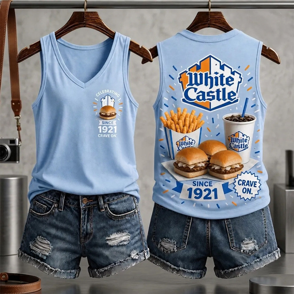 Celebrating White Castle 1921 Slider and Fries V-Neck Tank Top Women's Food Apparel Gifts - Merchluma