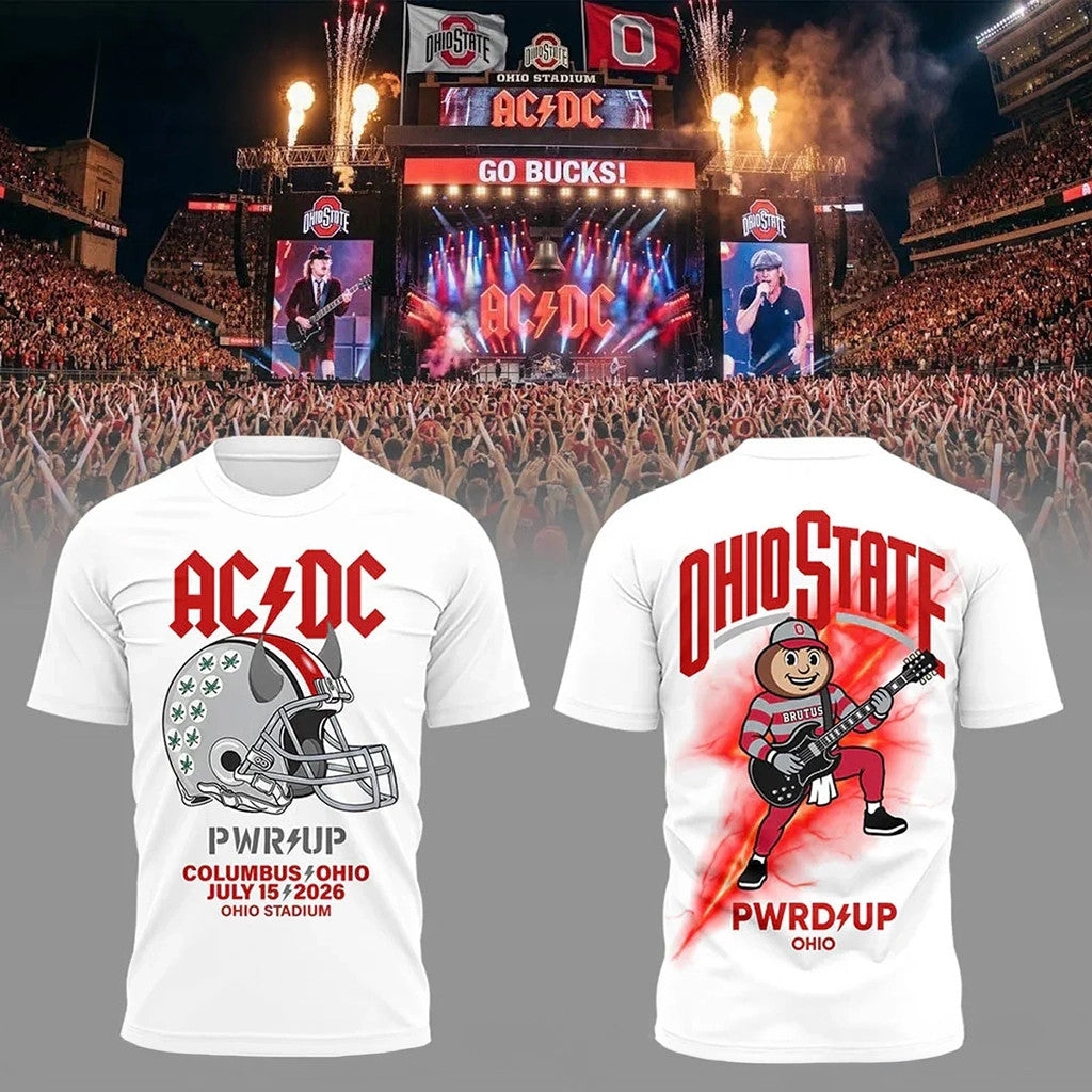 ACDC x Ohio State Buckeyes Merch ACDC Power Up Tour 2026 At Ohio Stadium T-Shirt White Fan Gear - Merchluma