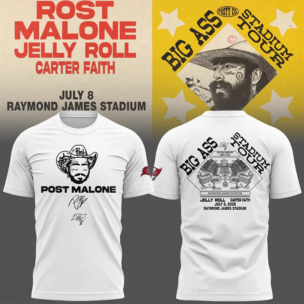 Post Malone X Tampa Bay Buccaneers Merch Big Ass Stadium Tour 2026 T-Shirt White Gifts For Dad - Merchluma