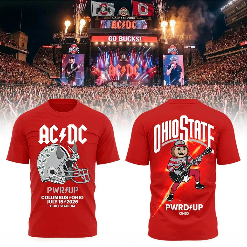 ACDC x Ohio State Buckeyes Merch ACDC Power Up Tour 2026 At Ohio Stadium T-Shirt Red Fan Gear - Merchluma