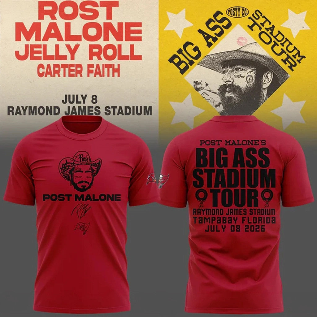 Post Malone X Tampa Bay Buccaneers Merch Big Ass Stadium Tour 2026 T-Shirt Red Gifts For Fan - Merchluma