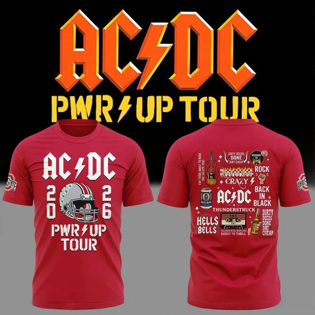 ACDC x Ohio State Buckeyes Merch ACDC Power Up Tour 2026 At Ohio Stadium T-Shirt Red - Merchluma