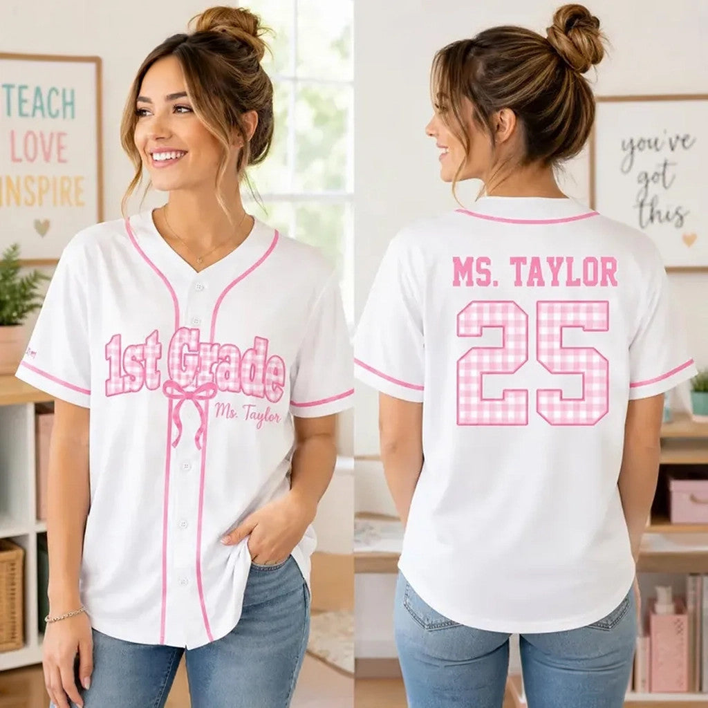 Custom 1St Grade Teacher Baseball Jersey Coquette Gingham Bow Back To School Shirt Her Gifts - Merchluma