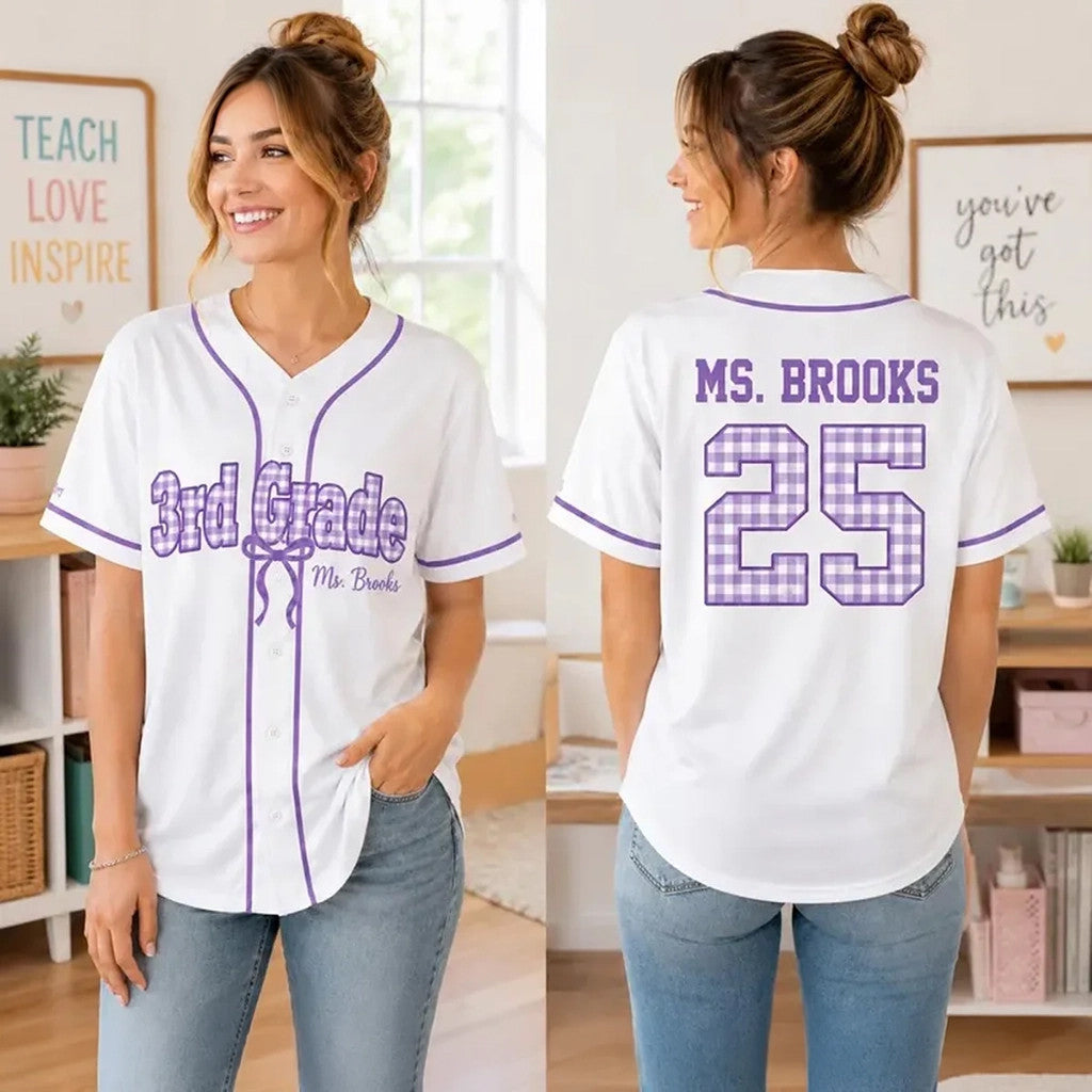 Custom 3rd Grade Teacher Baseball Jersey Coquette Gingham Bow Back To School Shirt Gift For Her - Merchluma